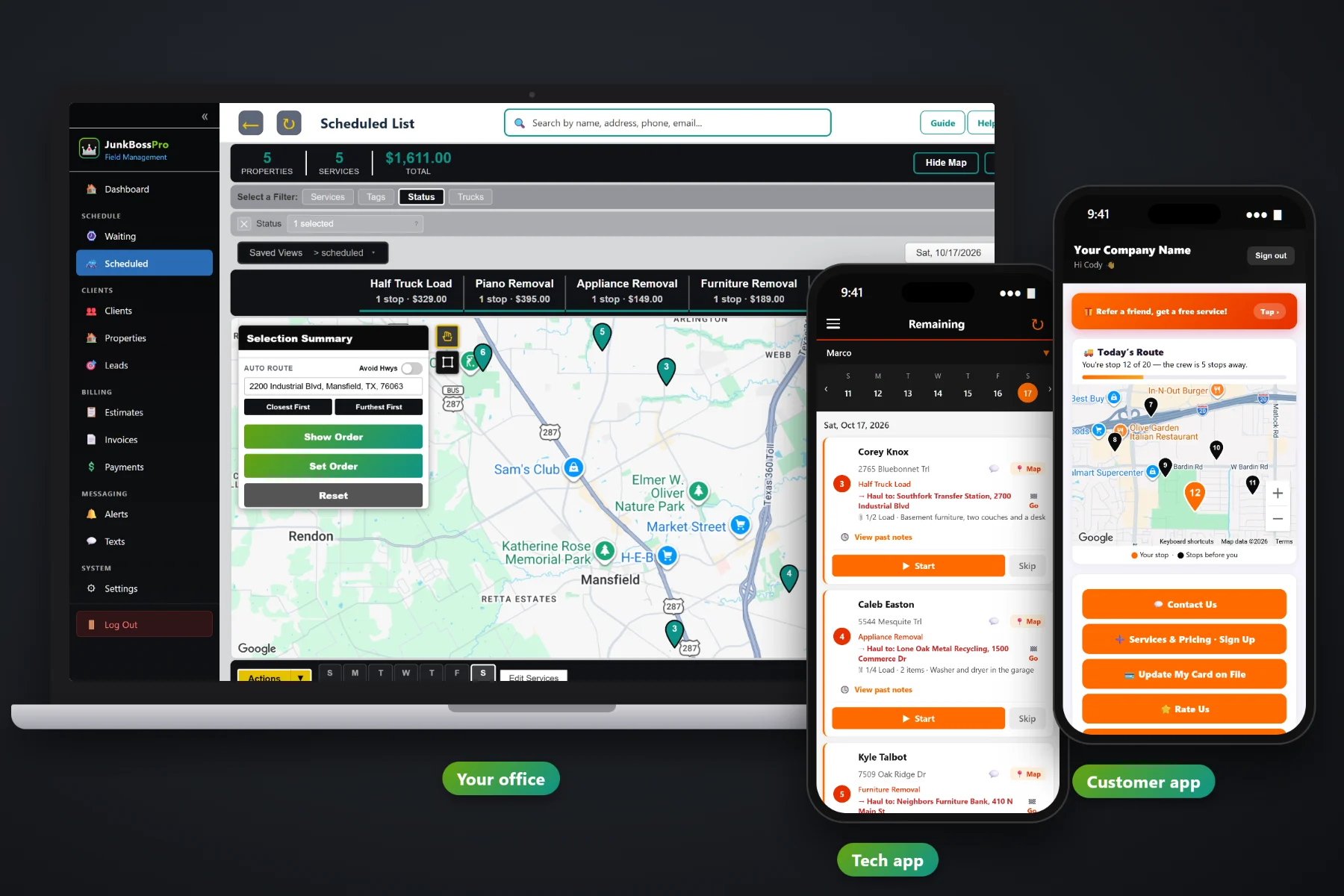 JunkBossPro on a laptop showing the junk removal waiting list and dispatch map, with the crew app and the customer app on two phones